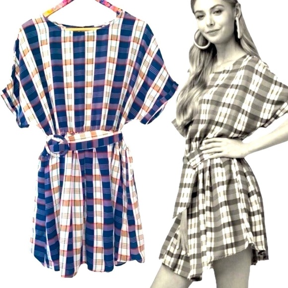 Entro mini Dress NEW Blue Plaid Retro Vibe Belted Sz L - Picture 1 of 12